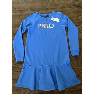 Ralph Lauren POLO BEAR Logo Fleece Long Sleeve Sweater Dress Girl L 12/14 Ruffle